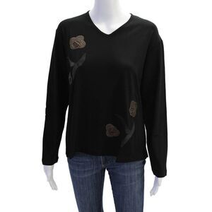 Natto Womens Beaded Applique Long Sleeve Stretch Basic Shirt Black Size 1XL